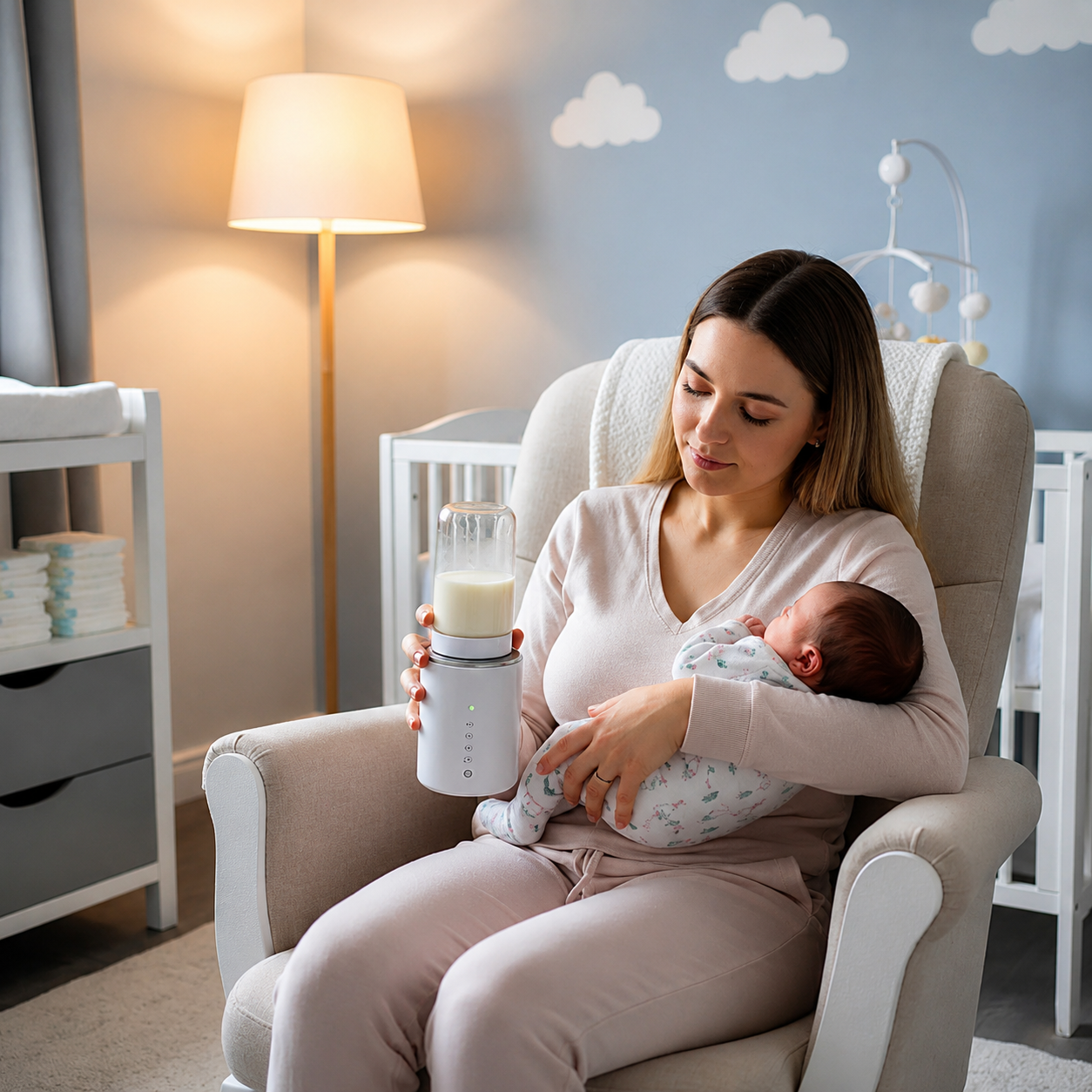maman tient chauffe biberon portable porte bebe.