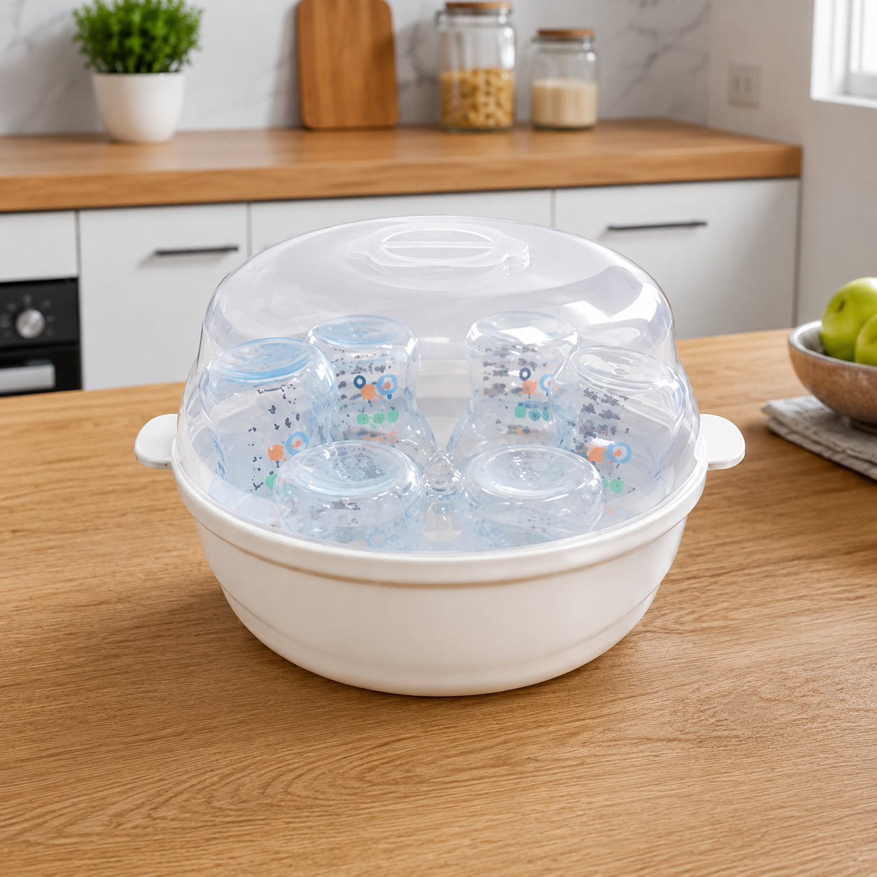 sterilisateur biberon dans une cuisine lumineuse.
