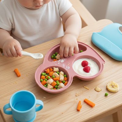 bebe  mange dans assiette bebe ventouse rose.