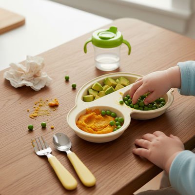 bebe mange  dans assiette bebe ventouse beige.