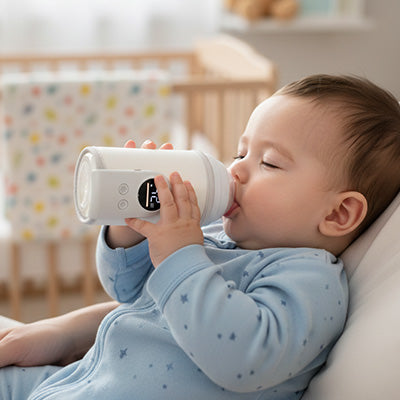 bebe boit lait chauffe dans chauffe biberon portable blanc.
