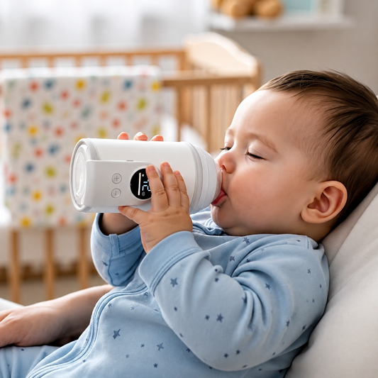 bebe boit lait chauffe dans chauffe biberon portable blanc.