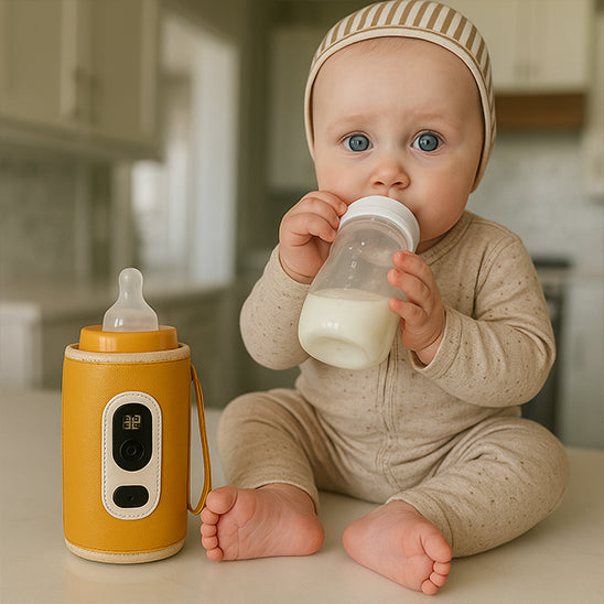 bebe boit son biberon a cote chauffe biberon nomade jaune.