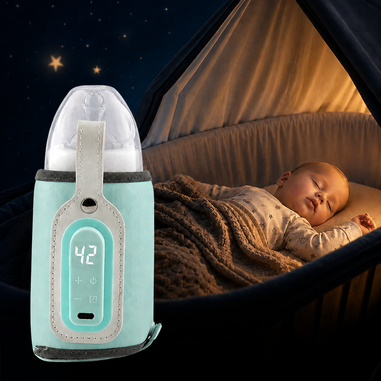 bebe endormit dans berceau chauffe biberon portable a cote