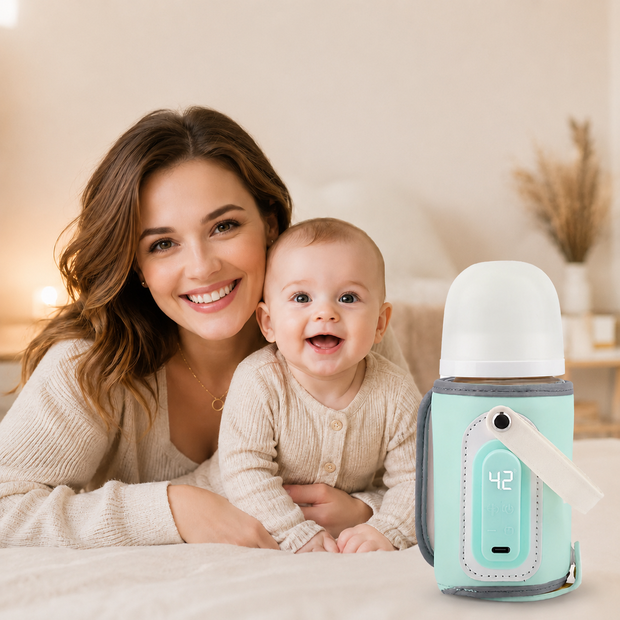 bebe et mama souriant chauffe biberon  portable sur table.