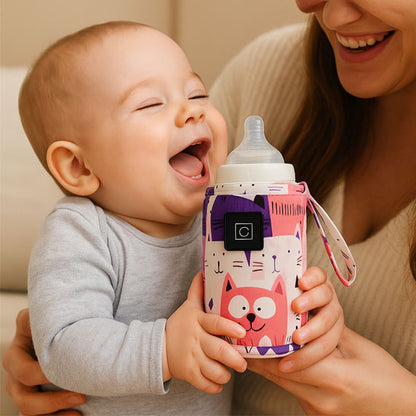 bebe heureux tient chauffe biberon portable.