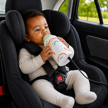 bebe sur siege auto boit biberon dans chauffe biberon nomade.