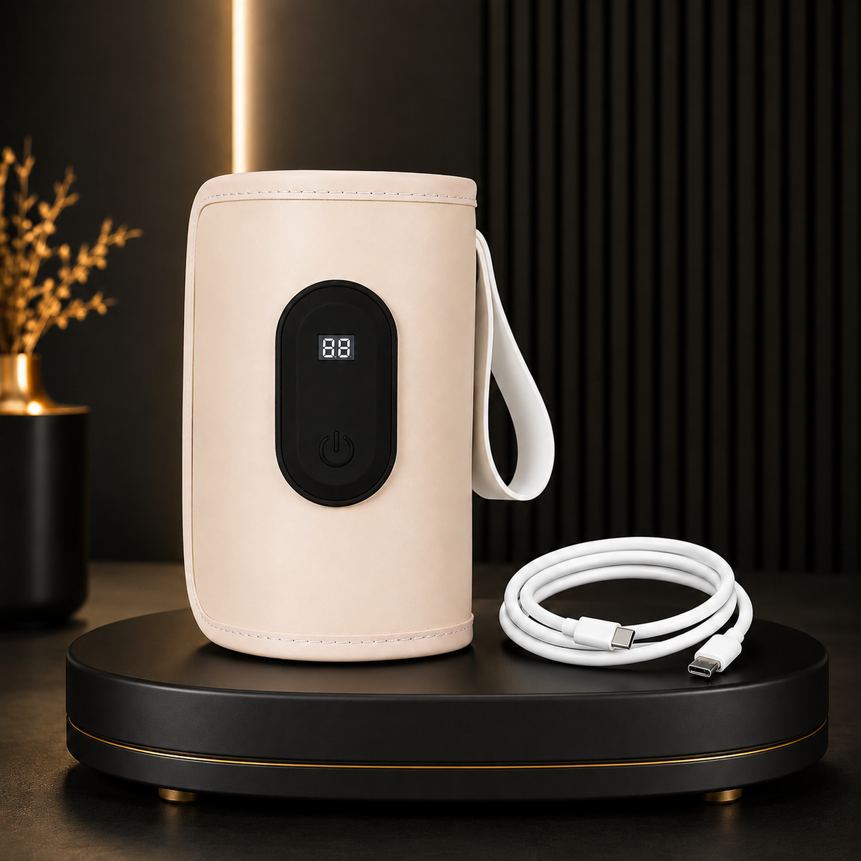 chauffe biberon nomade beige sur support noir.