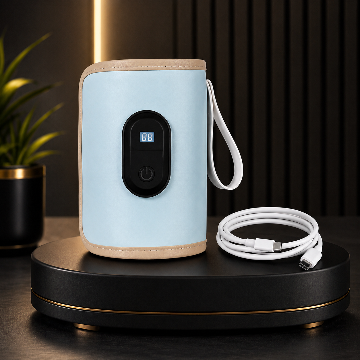 chauffe  biberon nomade bleu sur support noir.