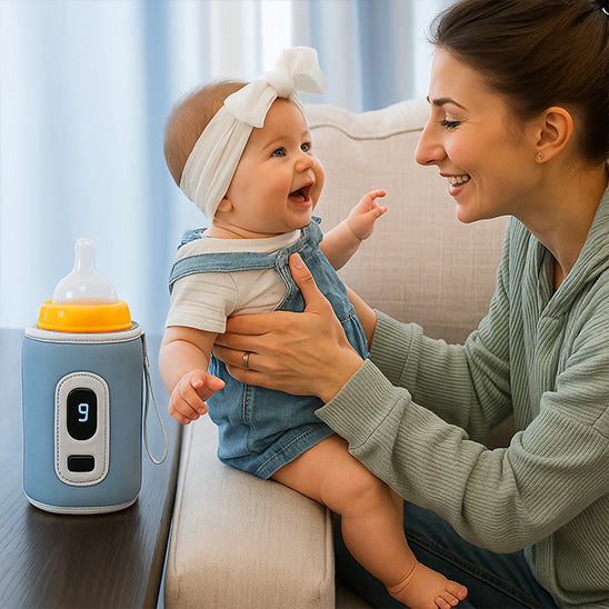 chauffe biberon nomade blue sur table maman fait sourire bebe.