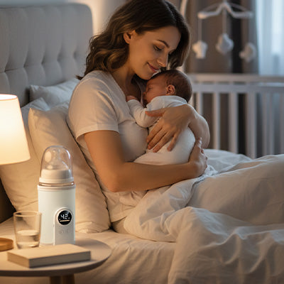 chauffe biberon portable blanc sur table maman porte bebe endormie.