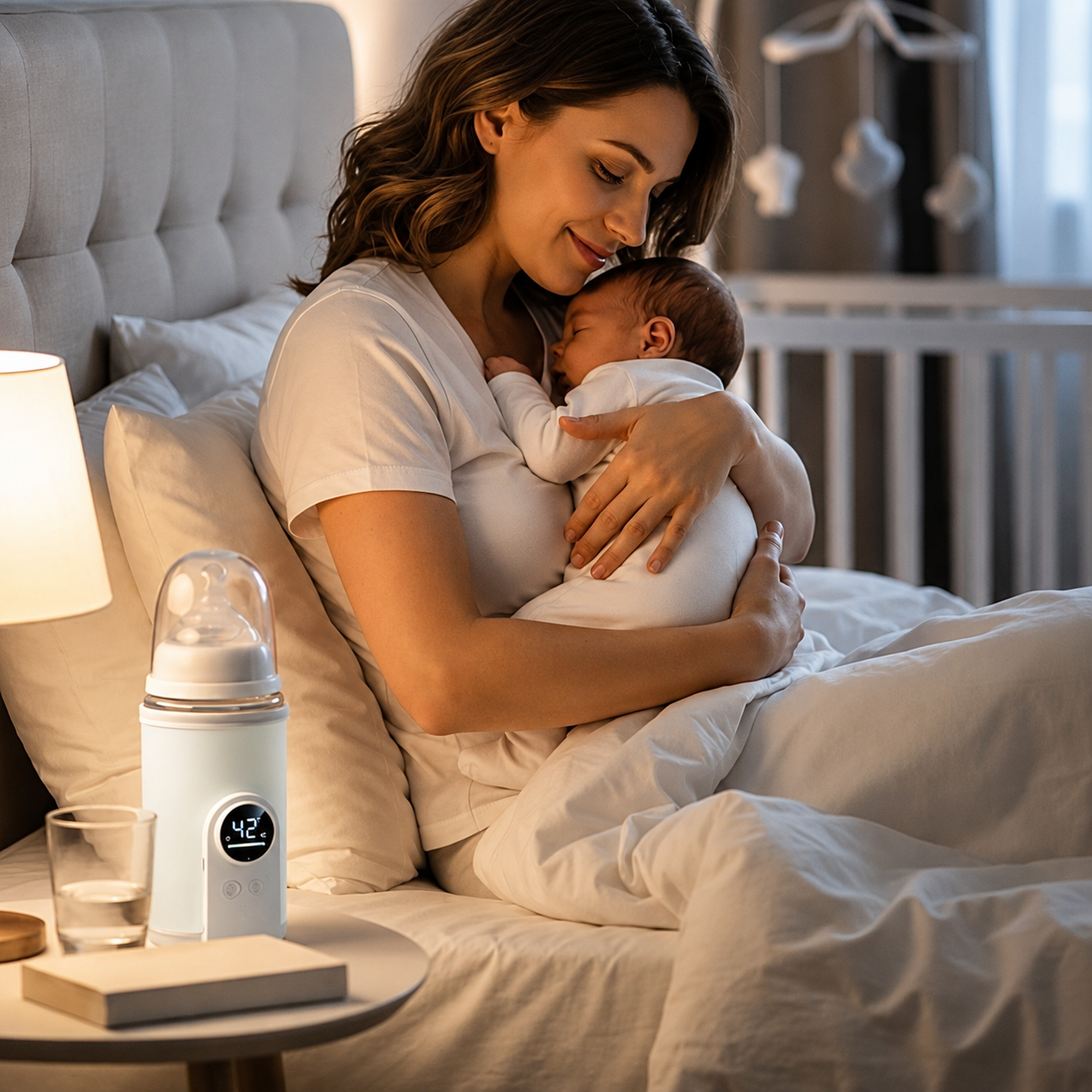 chauffe biberon portable blanc sur table maman porte bebe endormie.