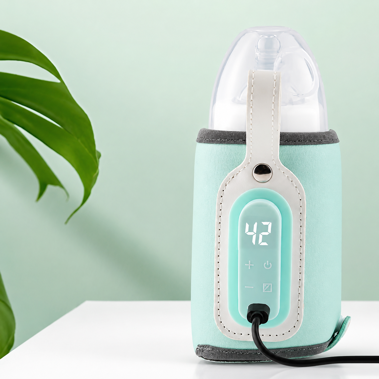 chauffe biberon portable bleu sur table.