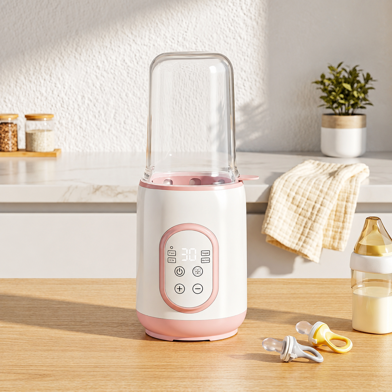 chauffe biberon rose sur table.