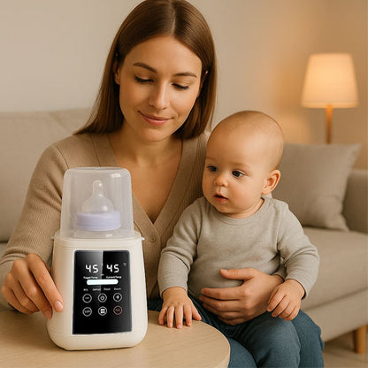 chauffe biberon sur table maman porte bebe regardant biberon.