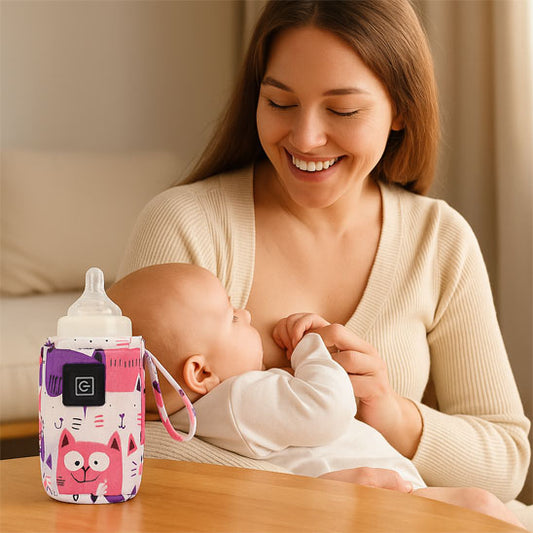 chauffe biberon sur table maman souriante allaite son bebe.