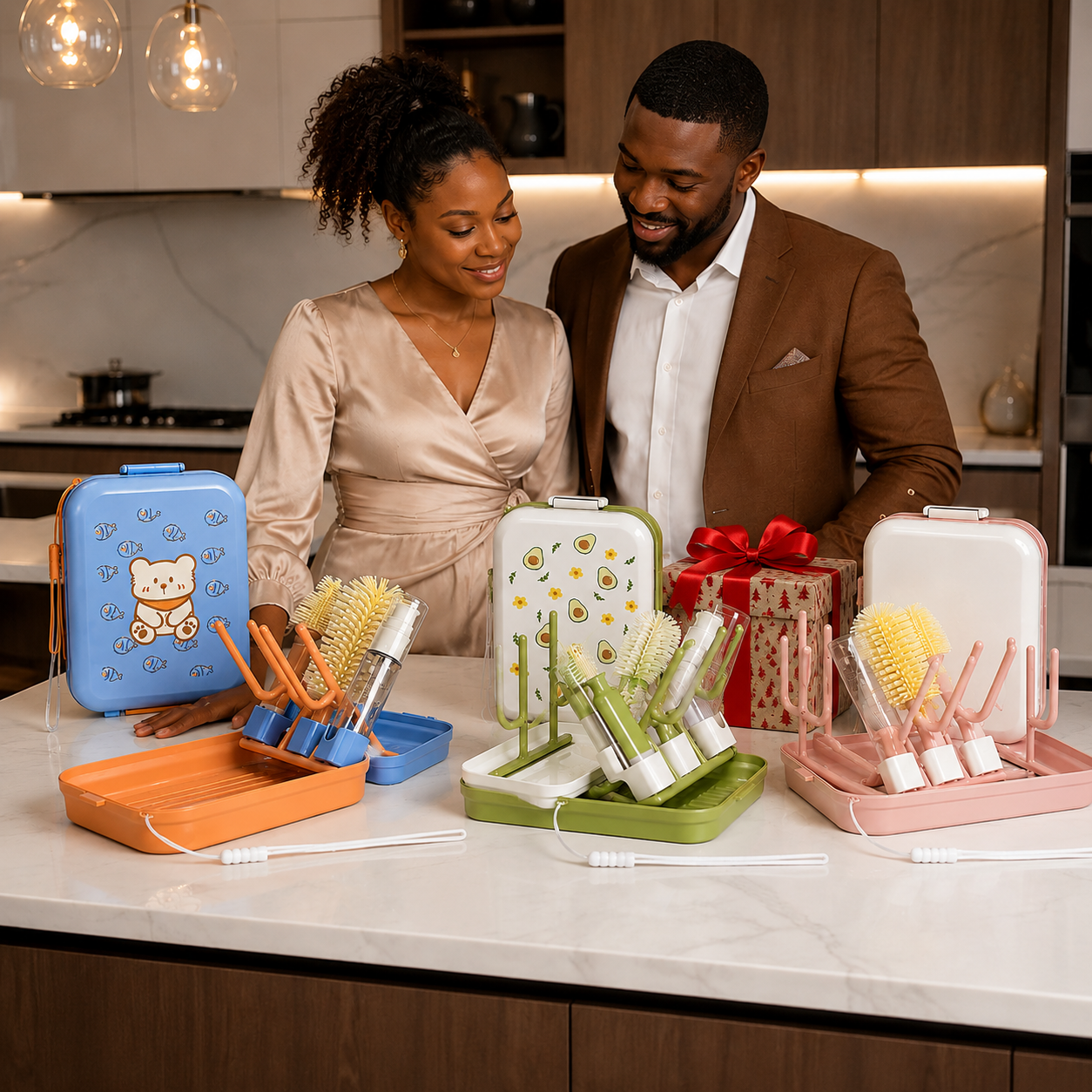 couple decouvre cadeau egouttoir biberon.