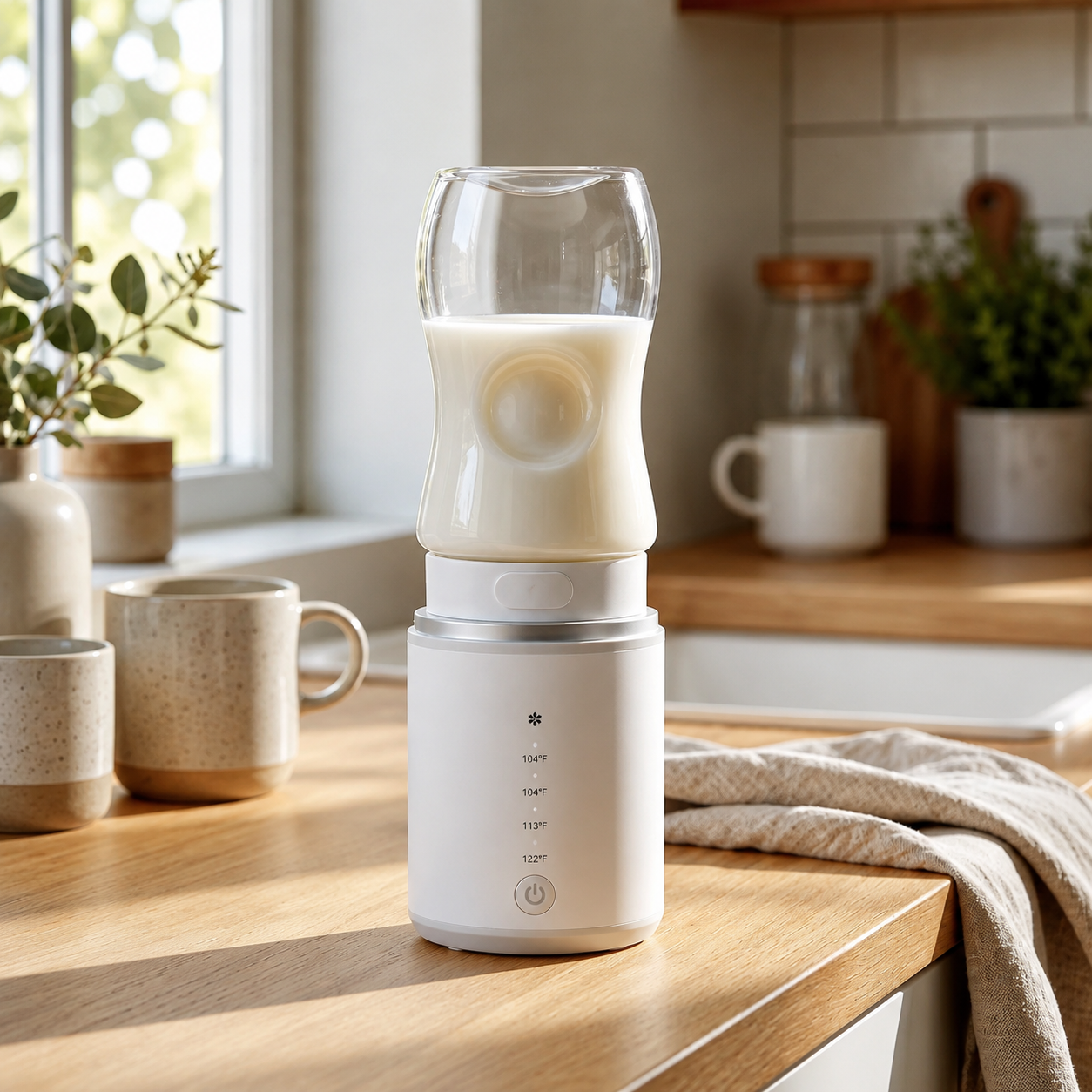 deux chauffe biberon nomade blanc depose sur table en bois.
