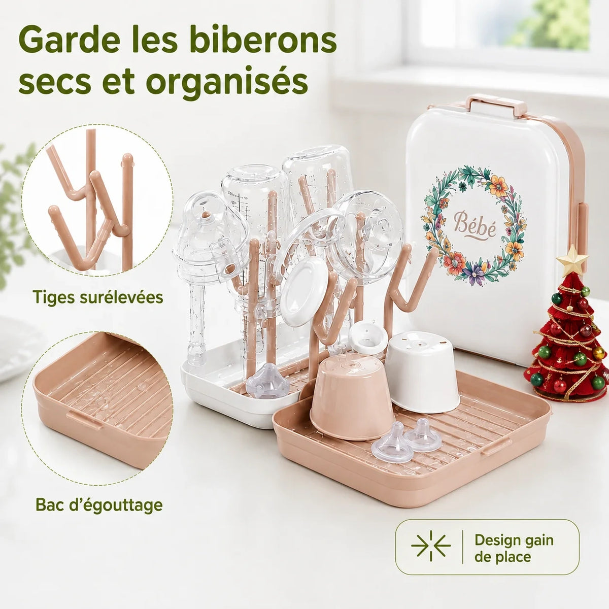 egoutoir biberon rose avec biberons etalees.