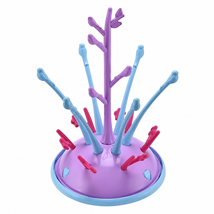 egoutte biberon violet sur table.
