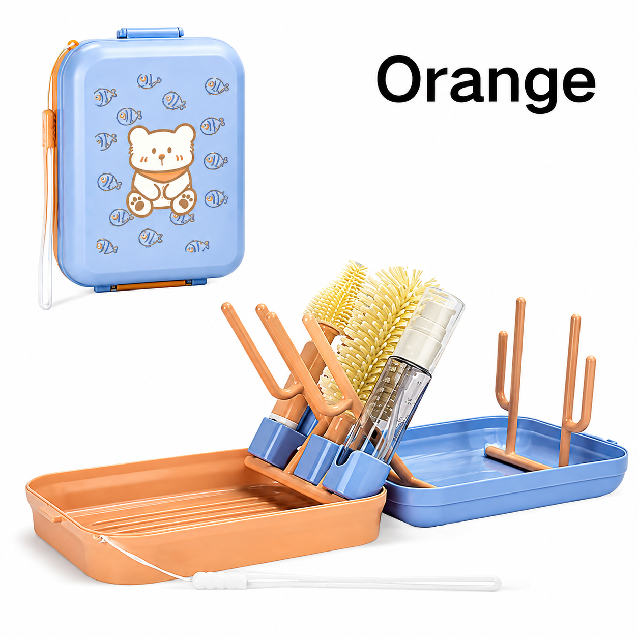 egouttoir biberon orange sur table.