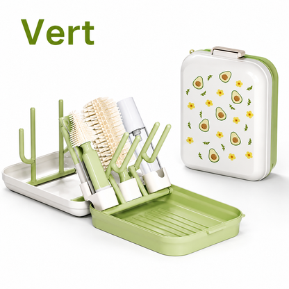 egouttoir biberon vert sur table.