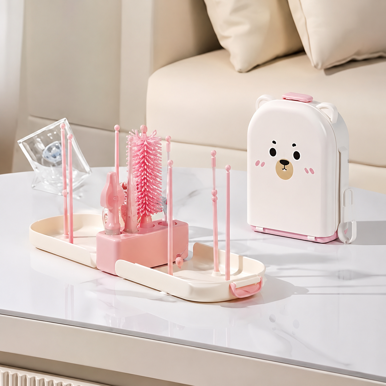egouttoir  biberon rose avec  brosse.