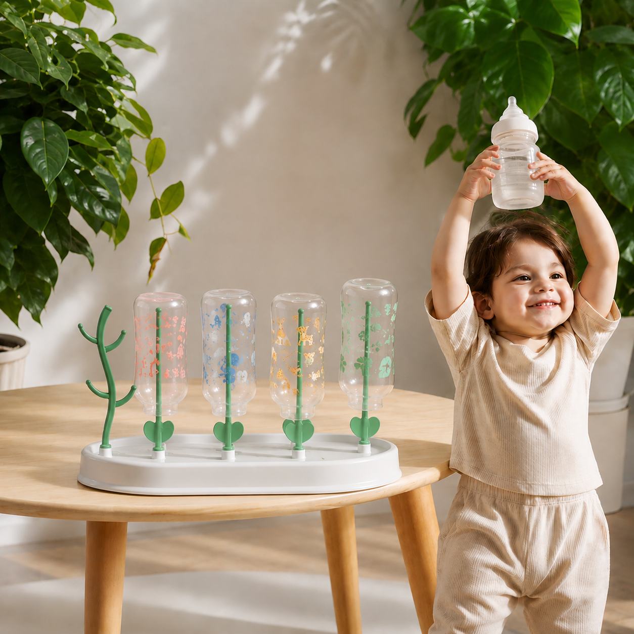 enfant joyeux presente biberon egouttoir biberon sur table.