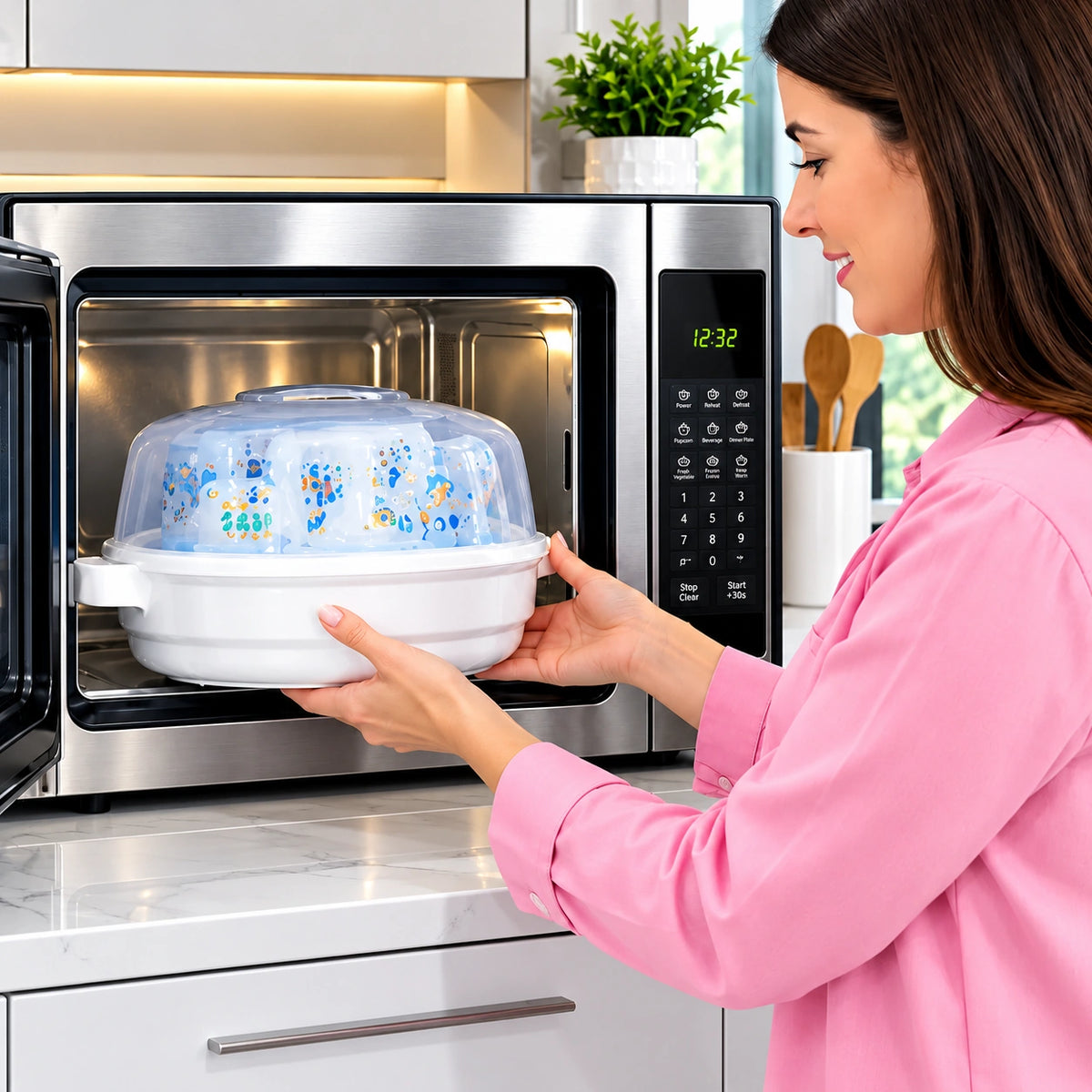 femme place sterilisateur biberon dans microonde.