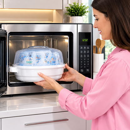 femme place sterilisateur biberon dans microonde.