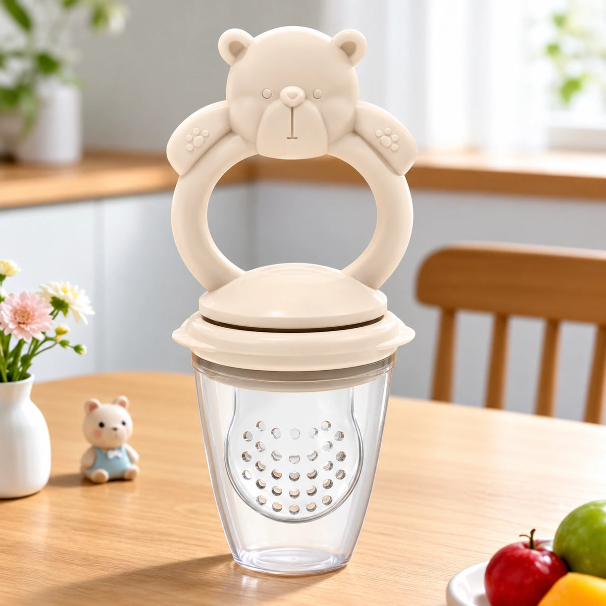 grignoteuse bebe beige a cote assiette fruit