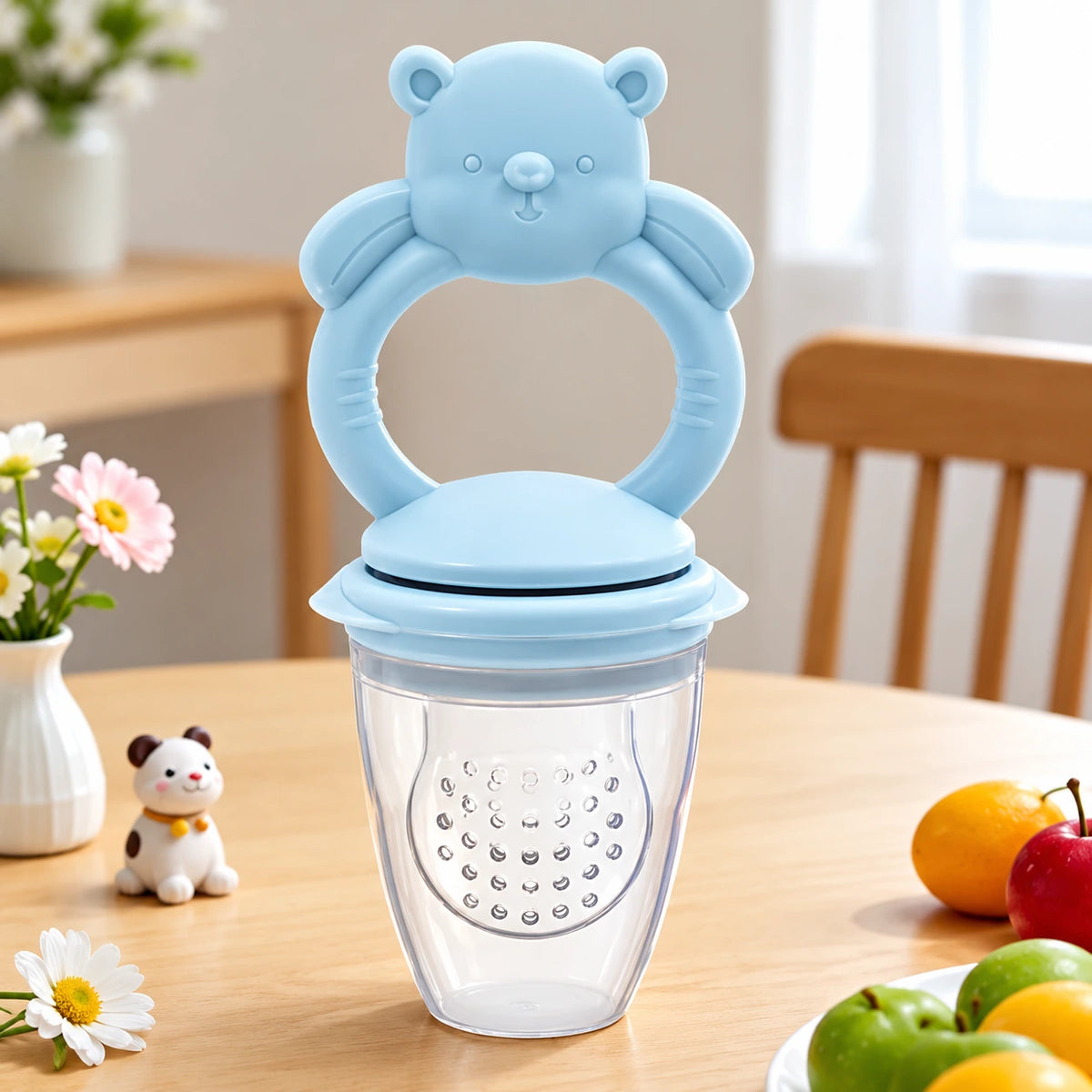 grignoteuse bebe bleue sur table en bois