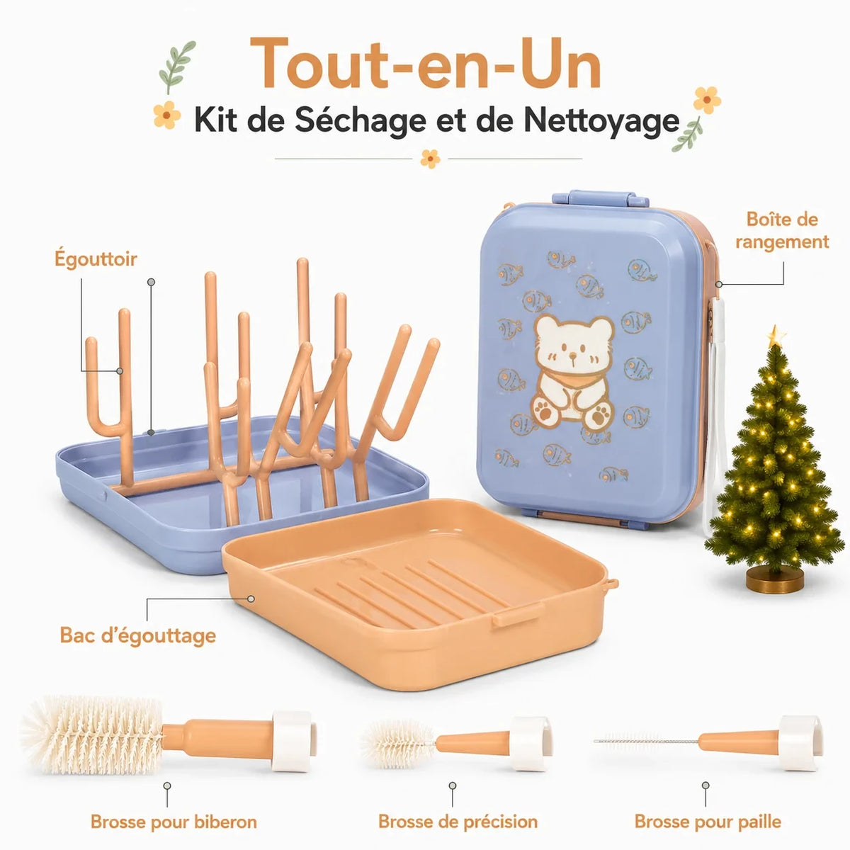 kit egouttoir biberon orange sur table.