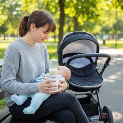 maman  au  parc avec bebe en main avec chauffe biberon portable.