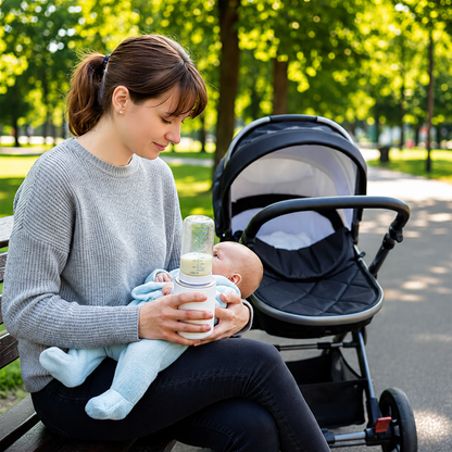 maman au parc avec bebe en main avec chauffe biberon portable.