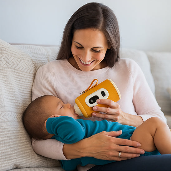 maman donne lait chauffe dans chauffe biberon nomade au bebe.