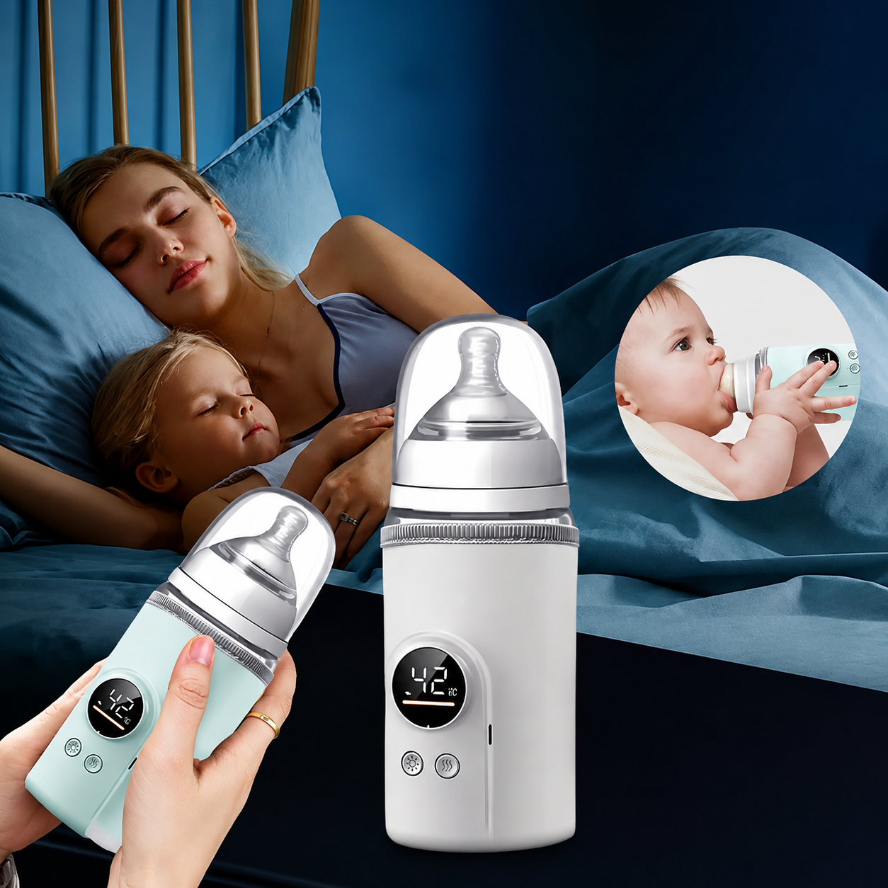 maman dort avec fillettes autre boit lait dans chauffe biberon nomade.