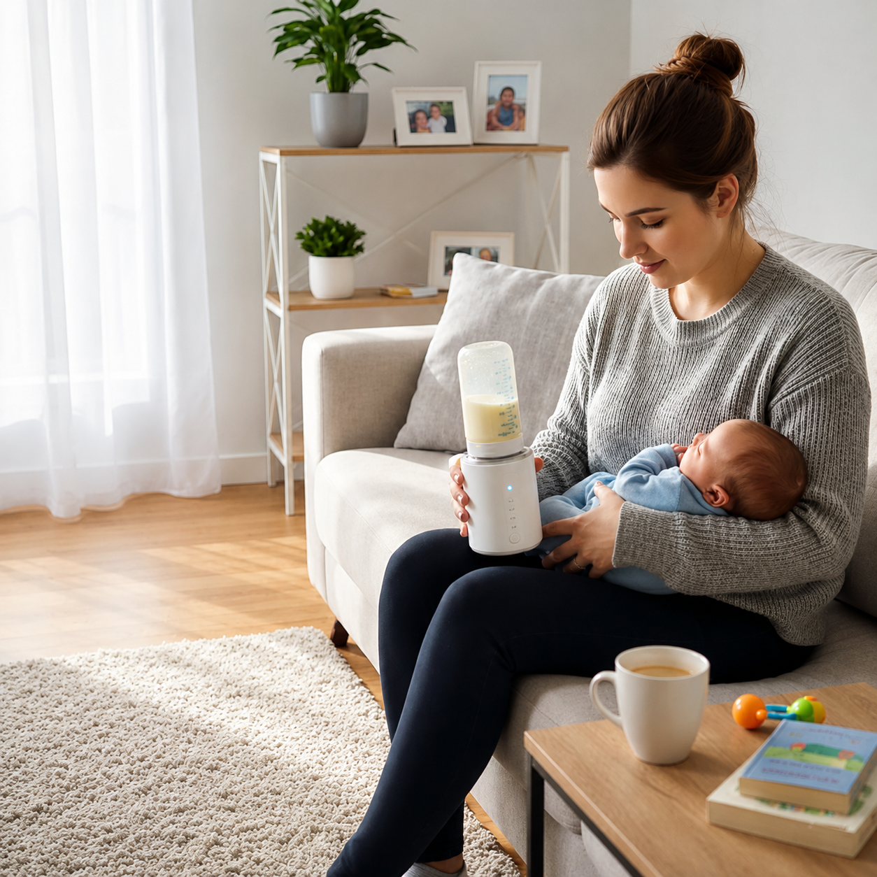 maman porte bebe chauffe biberon portable en main.