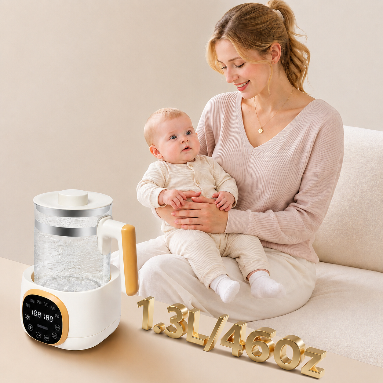 maman porte bebe chauffe biberon sur table.