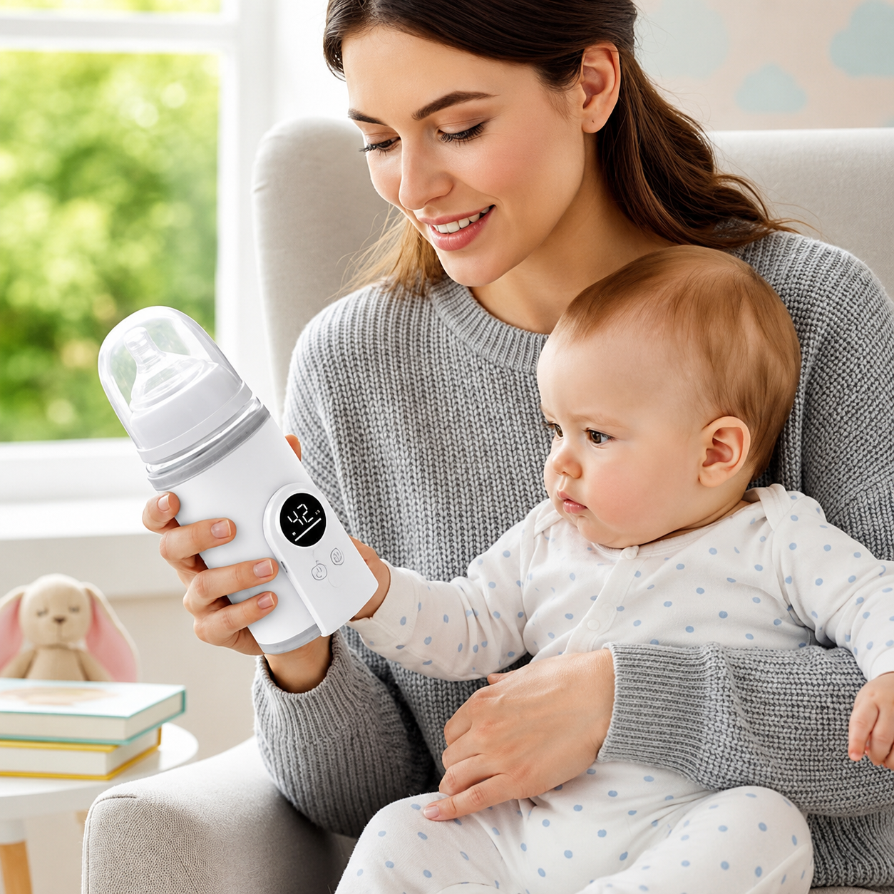 maman porte bebe les deux touchent chauffe biberon portable blanc.