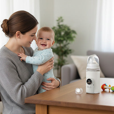maman porte bebe sourriant chauffe biberon portable blanc sur table.