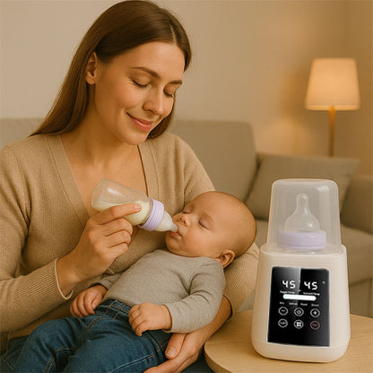 maman somnolent donne biberon a son bebe endormie chauffe biberon sur table.