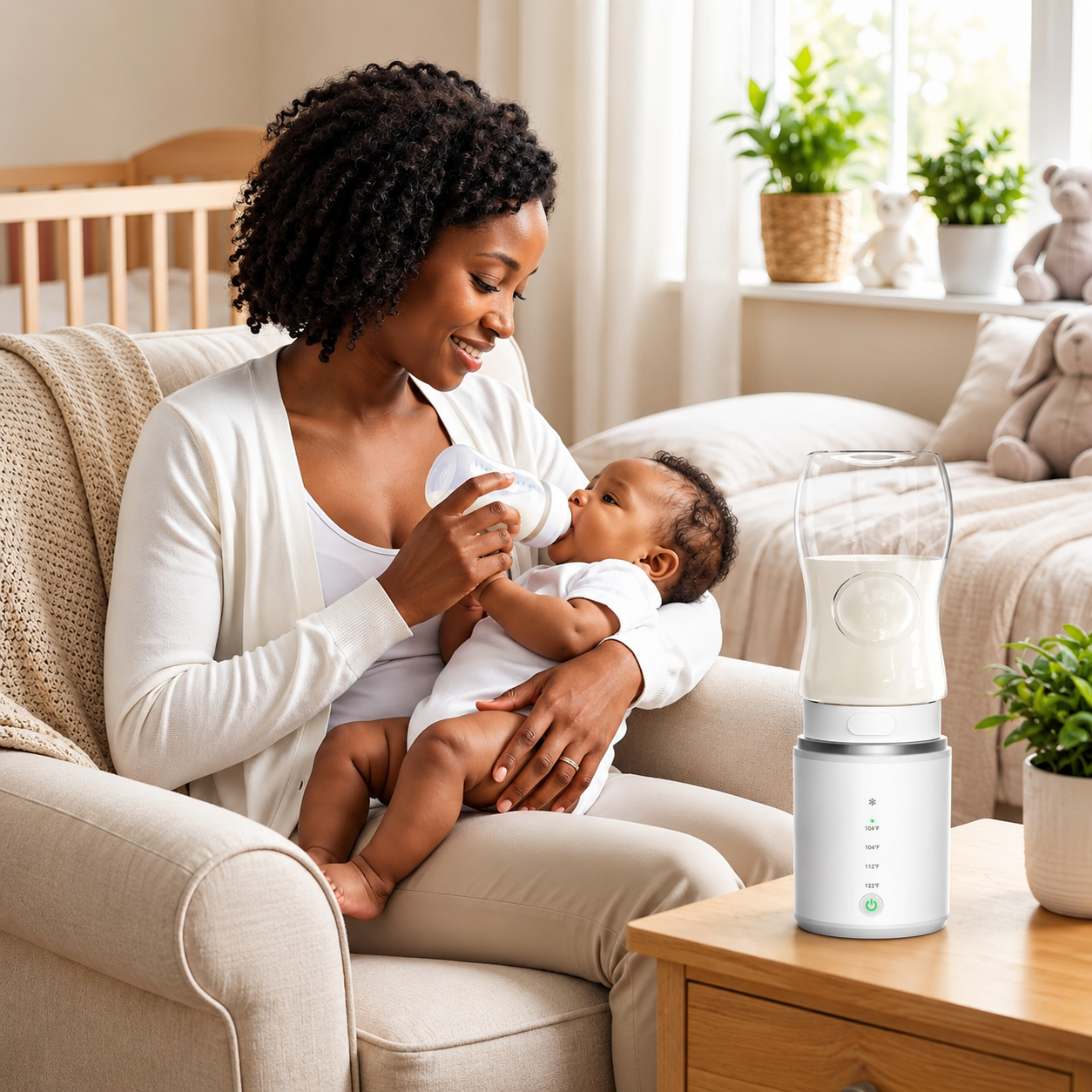 maman souriante donne lait au bebe chauffe biberon nomade sur table.