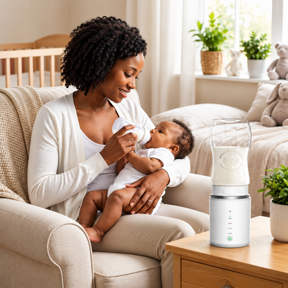 maman souriante donne lait au bebe chauffe biberon nomade sur table.