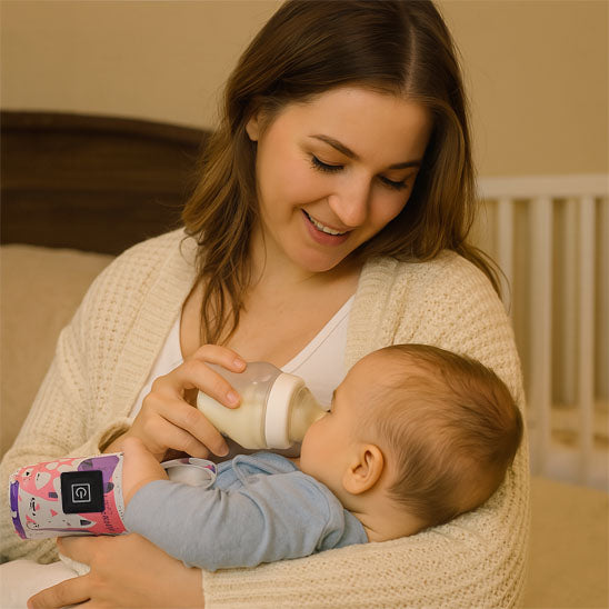 maman sourit en faisant boire biberon chaud a son bebe.