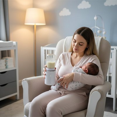 maman tient chauffe biberon portable porte bebe.