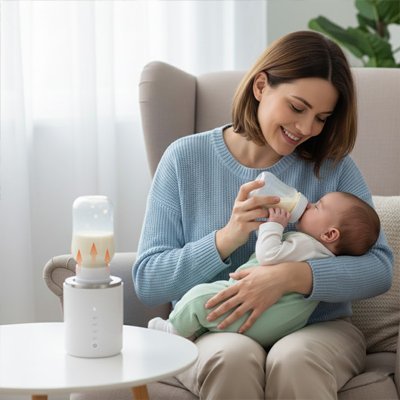 mere donne lait au bebe chauffe biberon  portable  sur  table.