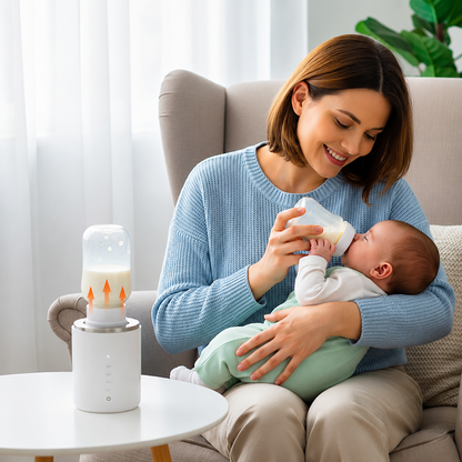 mere donne lait au bebe chauffe biberon portable sur table.