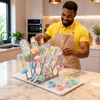 monsieur  etale accessoires alimentation bebe sur egoutoir biberon.