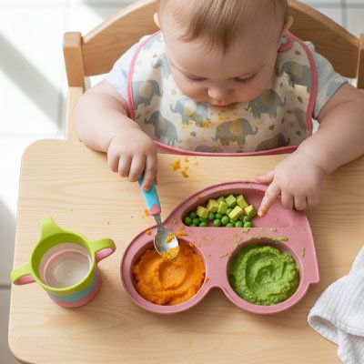 nourriture bebe dans assiette bebe ventouse rose.